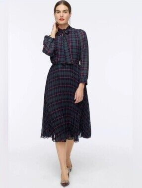 NWT J. Crew Tie-neck pleated A-line dress in Black Watch tartan
